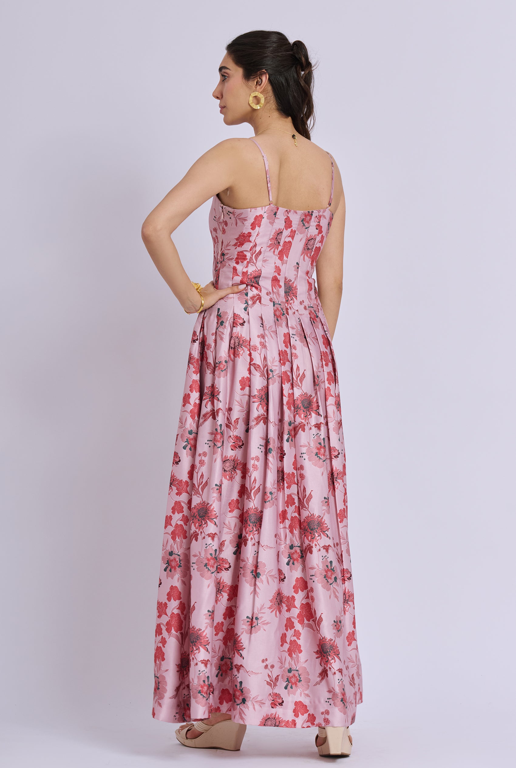 Victoria Strappy Pink Flower Print Pleated And Flowy Maxi Dress